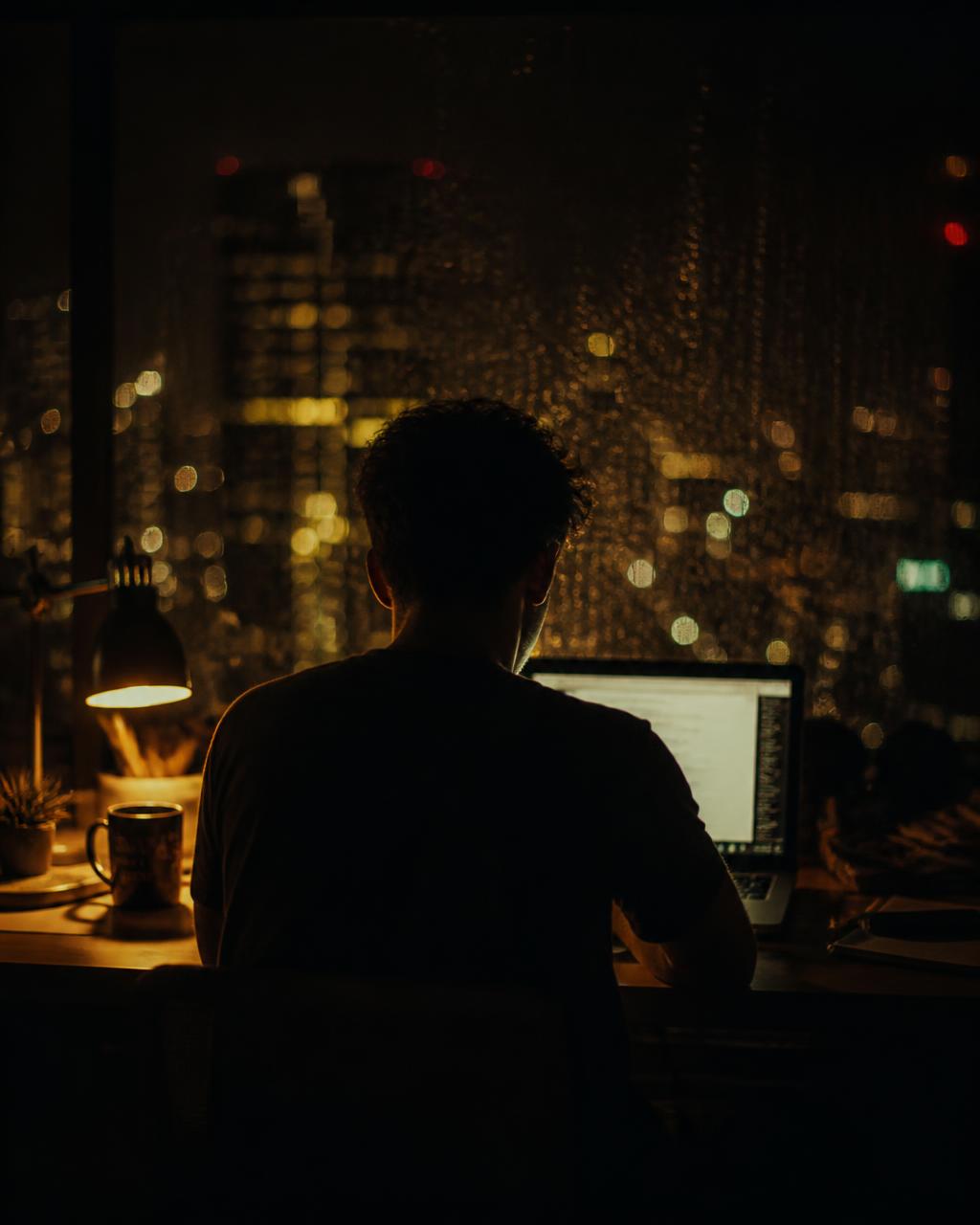 Rahul working late at a laptop, orange light against deep black